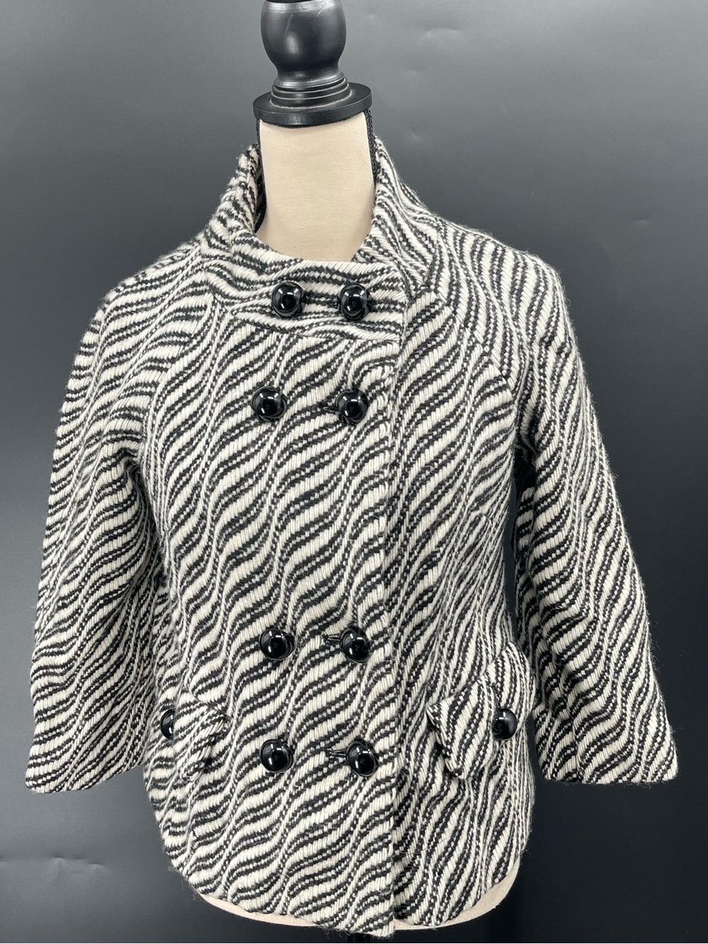 Milly Vtg Y2K Wool Black & White Patterned Double-Breasted Coat Womens Size 6